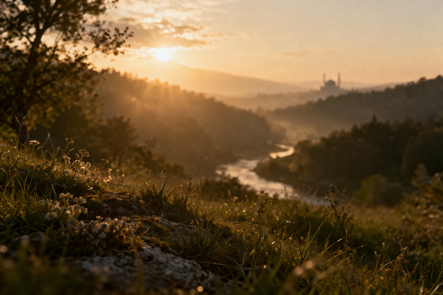 Golden hour over a misty valley